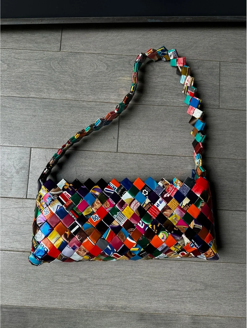 Handwoven Multicolor Recycled Paper Candy Gum Wrapper Shoulder Bag Purse
